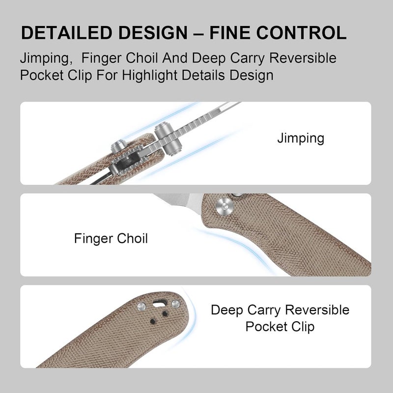 KIZER سكين جيب دروب بير 2، شفرة نقطة مشبك 2.96" من نيترو-في مع مقبض ميكارا بني، قفل بطانة زر لسكين EDC مع نتوءات على العمود للرجال والنساء V3619.2CC1 - Image 4